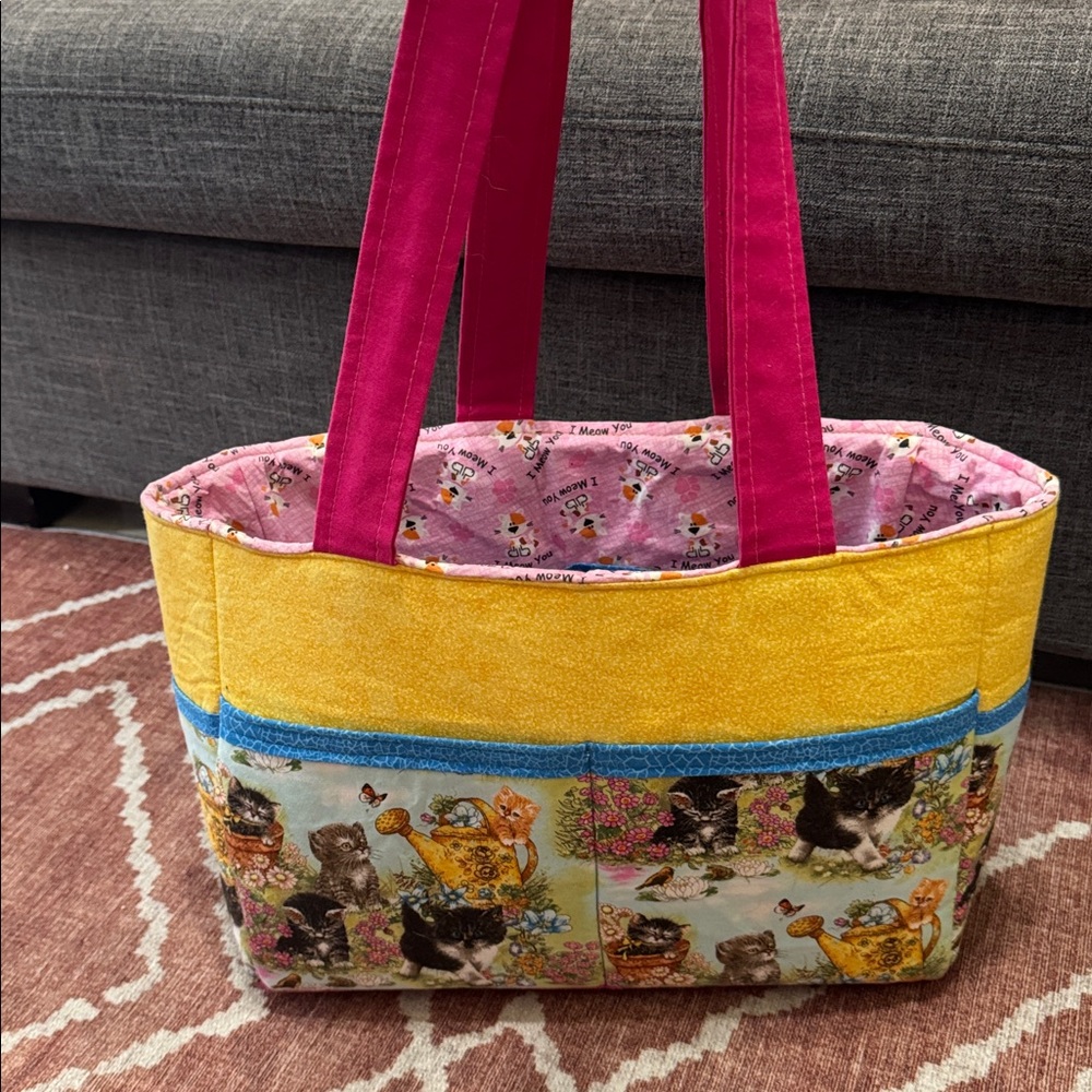 Handmade Padded Tote Bag – Cat Print Patchwork Organizer w/ Tons of Pockets - Picture 9 of 10